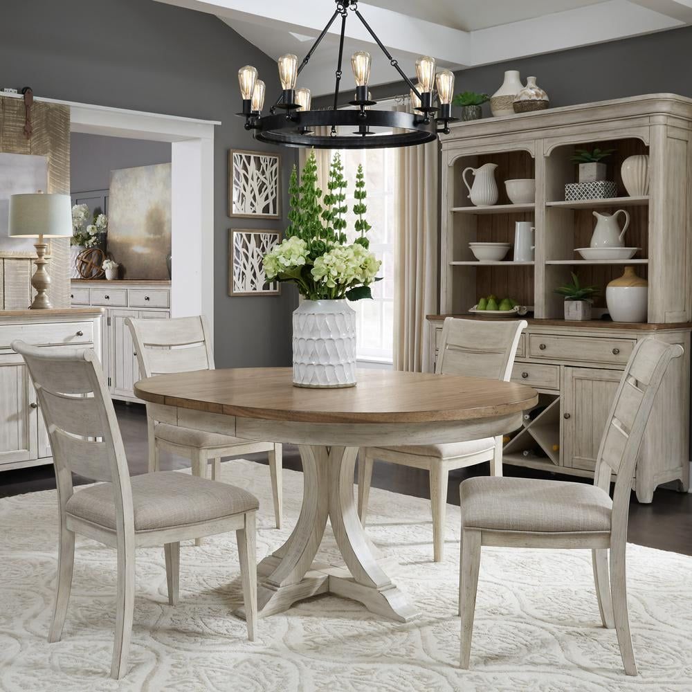 Farmhouse Antique White and Chestnut 5-Piece Pedestal Dining Set