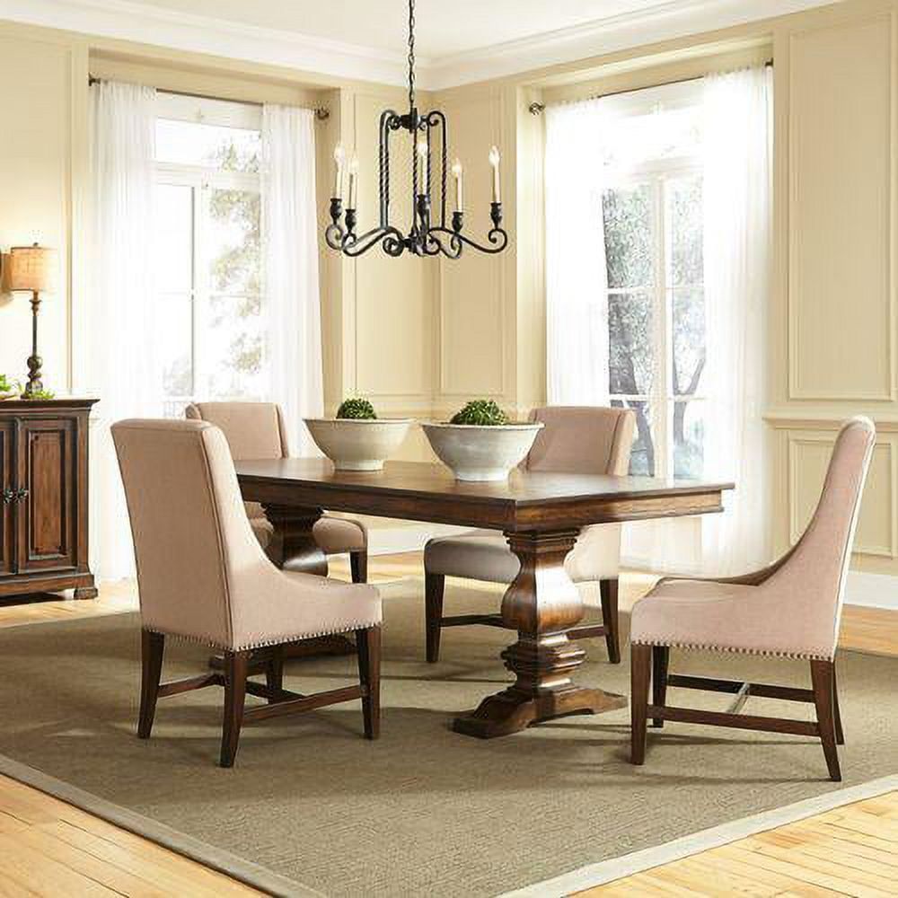 Antique Brownstone 5-Piece Trestle Dining Table Set with Linen Chairs