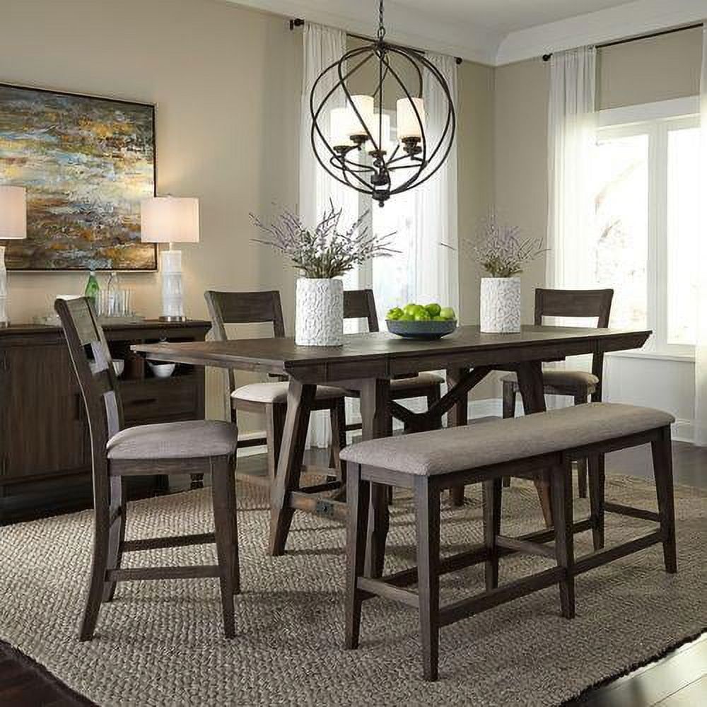 Dark Chestnut 6-Piece Gathering Table Set with Upholstered Chairs