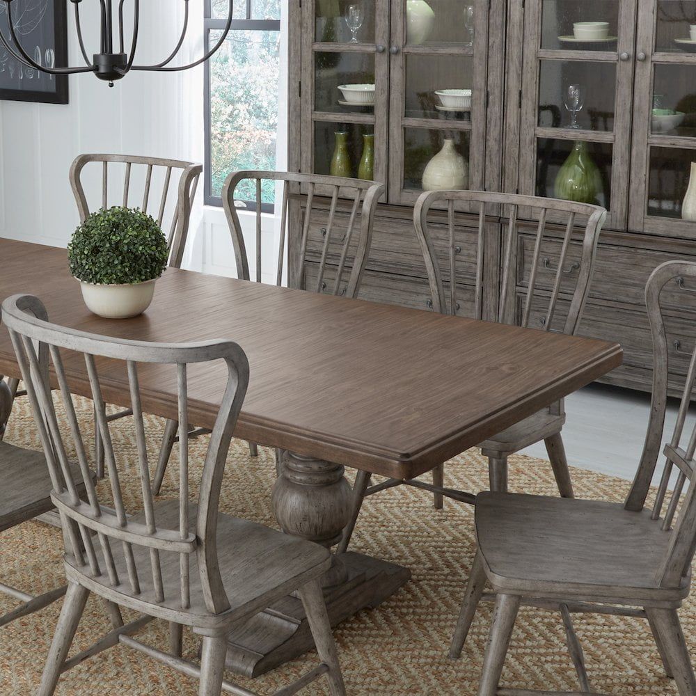 Riverstone Gray & Tobacco Pine Wood Trestle Table Set with 6 Chairs