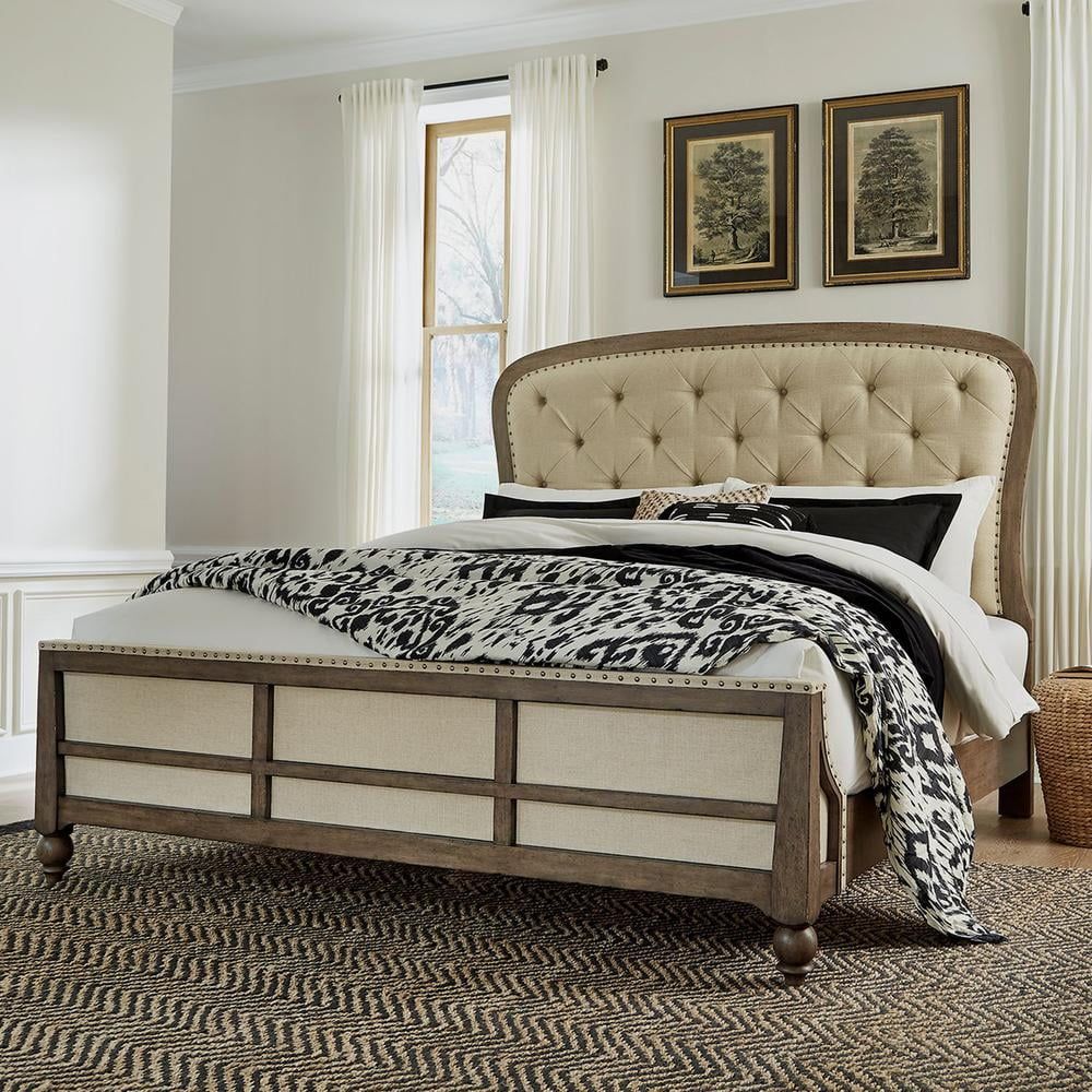 Beige and Brown King Upholstered Wood Panel Bed with Nailhead Trim