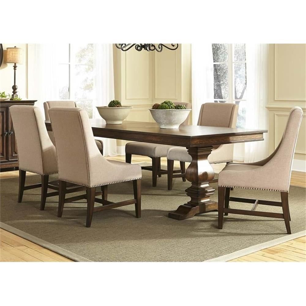 Antique Brownstone 7-Piece Trestle Dining Set with Ivory Chairs