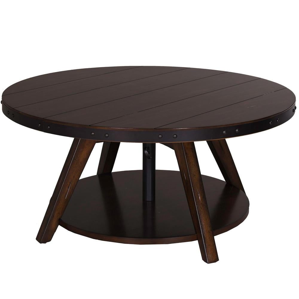 Rustic Brown Round Wood Cocktail Table with Storage