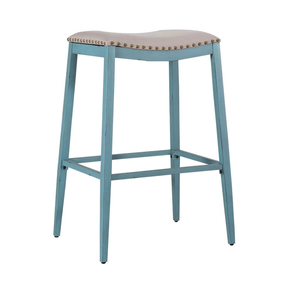 Vintage Blue Backless Upholstered Barstool with Metal Frame