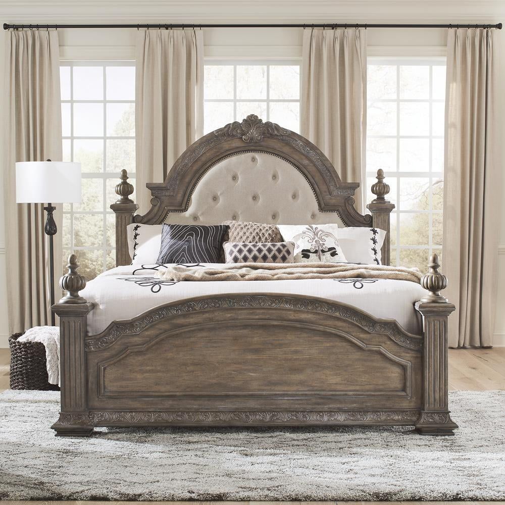 Chestnut Queen Poster Bed with Tufted Linen Upholstery