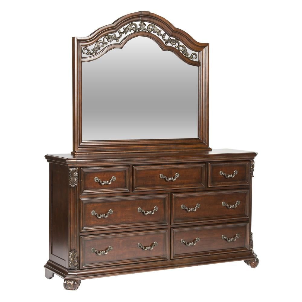 Messina Estates Dark Brown Dresser with Mirror and Brass Accents