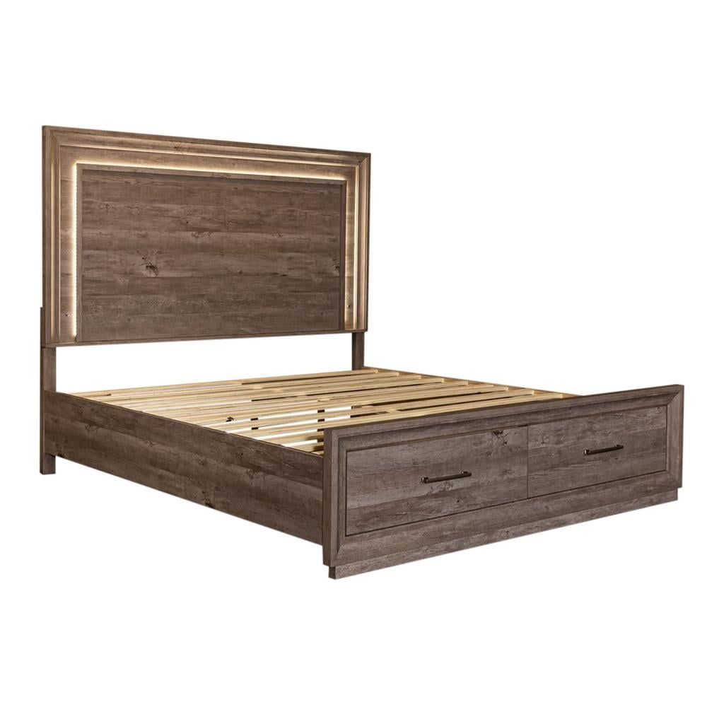 King Brown Wood Storage Bed with Lighted Headboard and Drawers