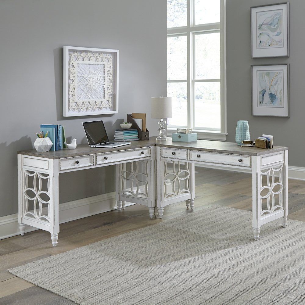 Antique White L-Shaped Desk with Keyboard Tray and Filing Cabinet