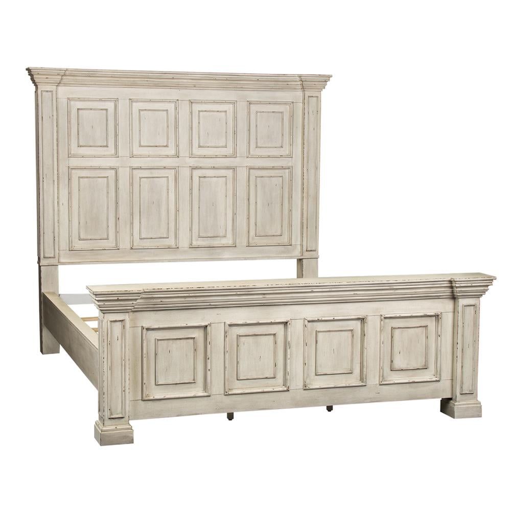 White Distressed Wood California King Panel Bed with Storage