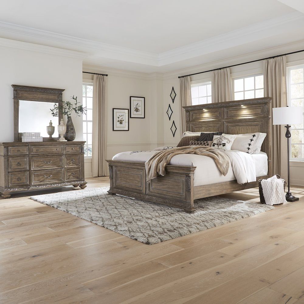 Chestnut Hickory Veneer King Panel Bed, Dresser & Mirror Set