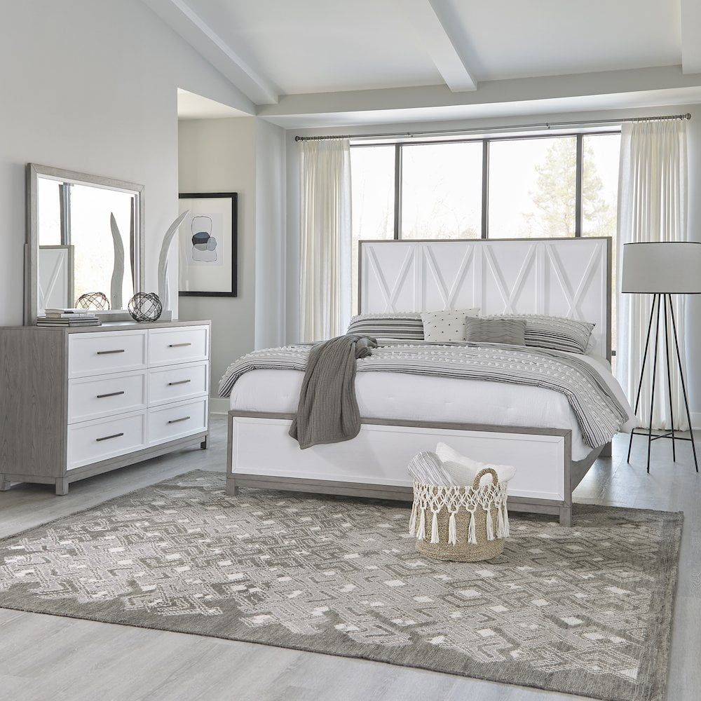 Palmetto Heights King Panel Bed, Dresser & Mirror Set in White and Gray Veneer