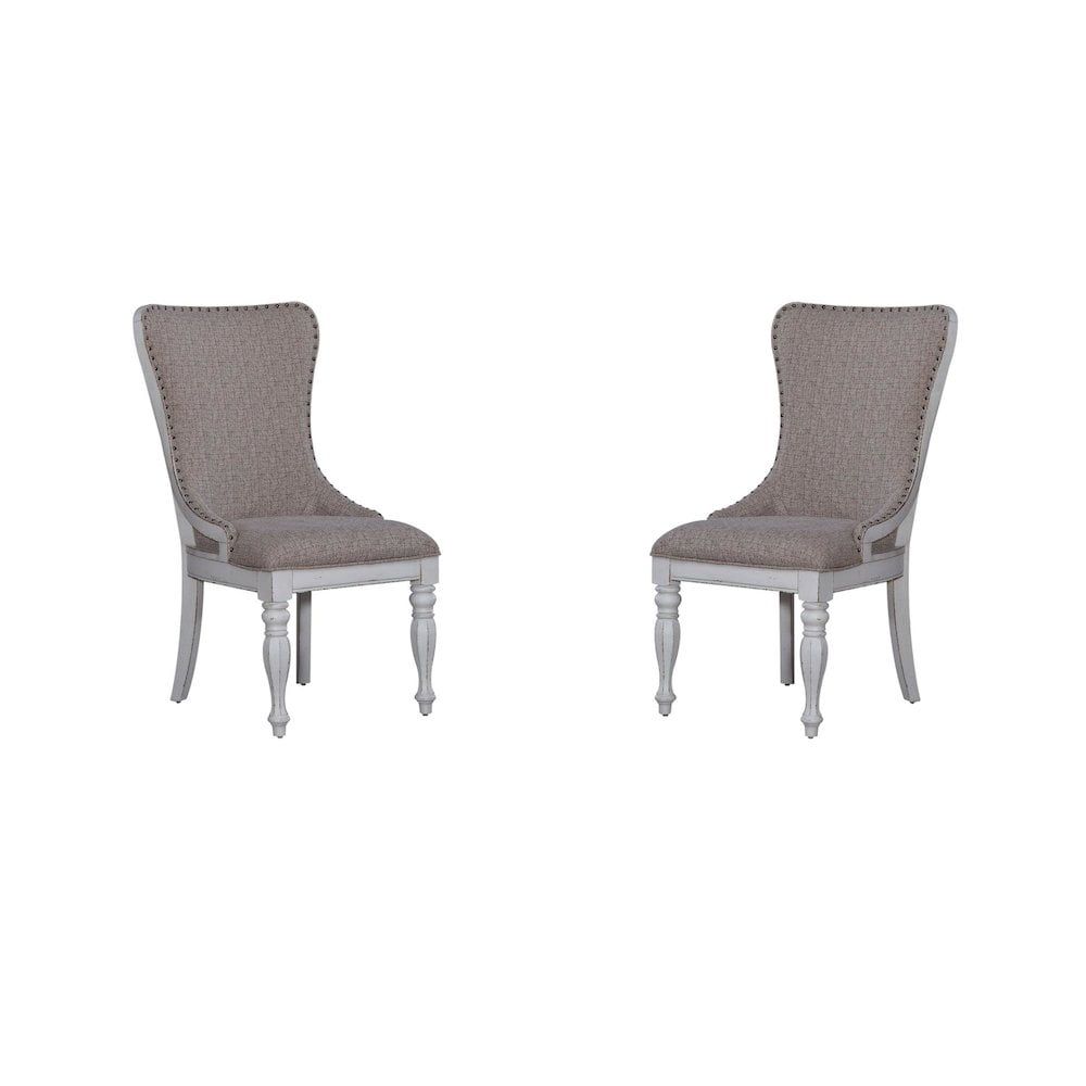 Antique White Upholstered Wing Back Side Chairs, Set of 2