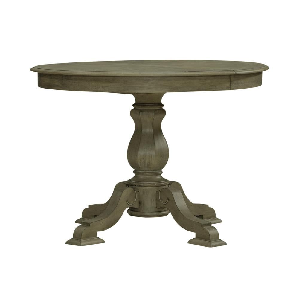 Weathered Bisque Round Extendable Wood Pedestal Dining Table