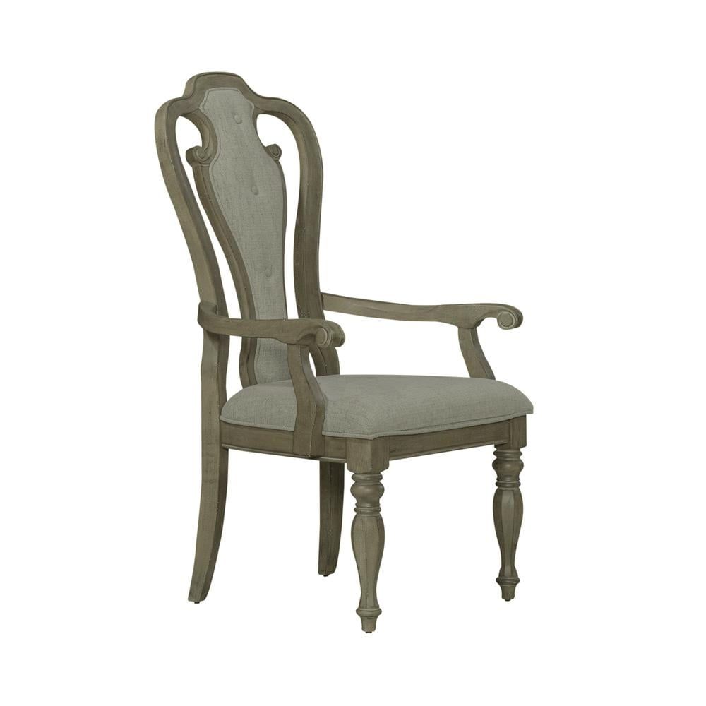 Ivory Upholstered Wood Arm Chair with Button Tufted Back