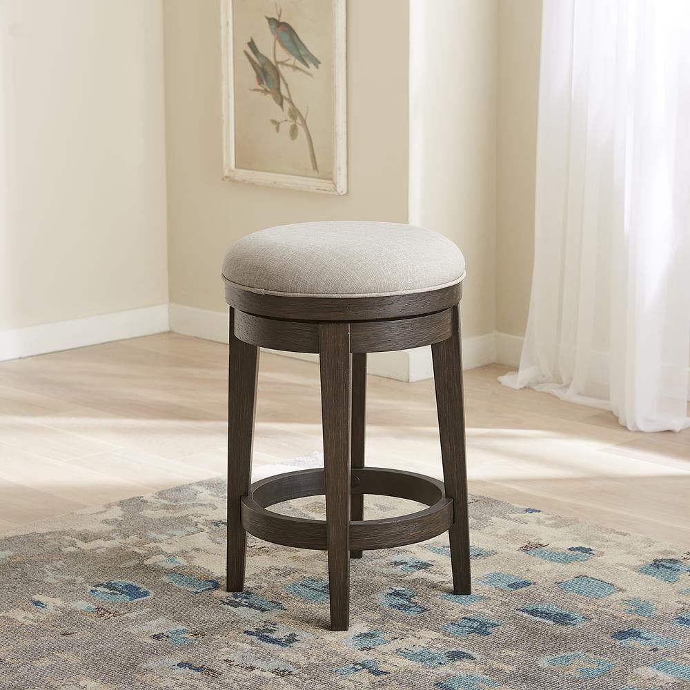 Beige Upholstered Wood Swivel Counter Stool