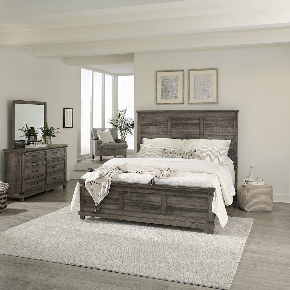 Rustic Gray King Panel Bed with Dresser and Mirror