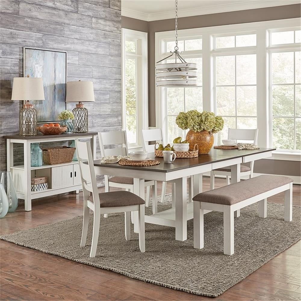 Carbon Gray and Textured White Trestle Dining Table Set with Bench and 4 Chairs