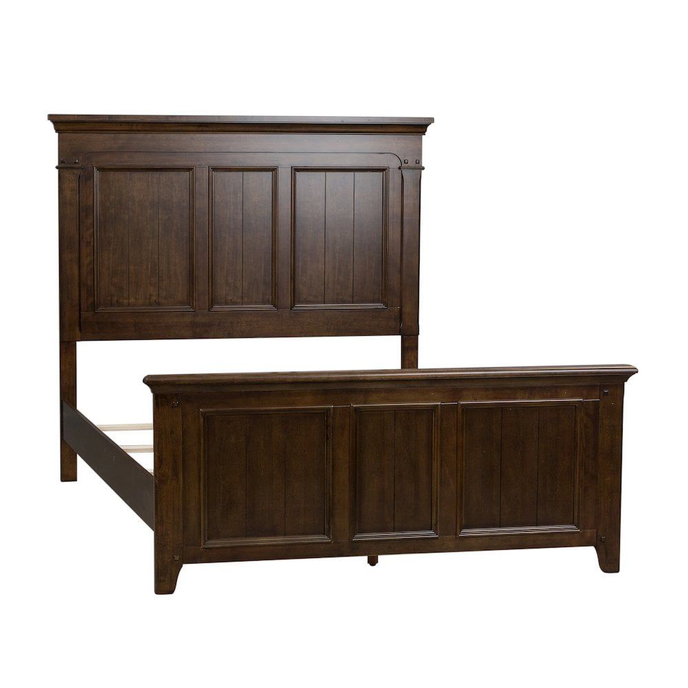 Dark Brown Queen Panel Bed, Dresser & Mirror Set in Rubberwood and Birch