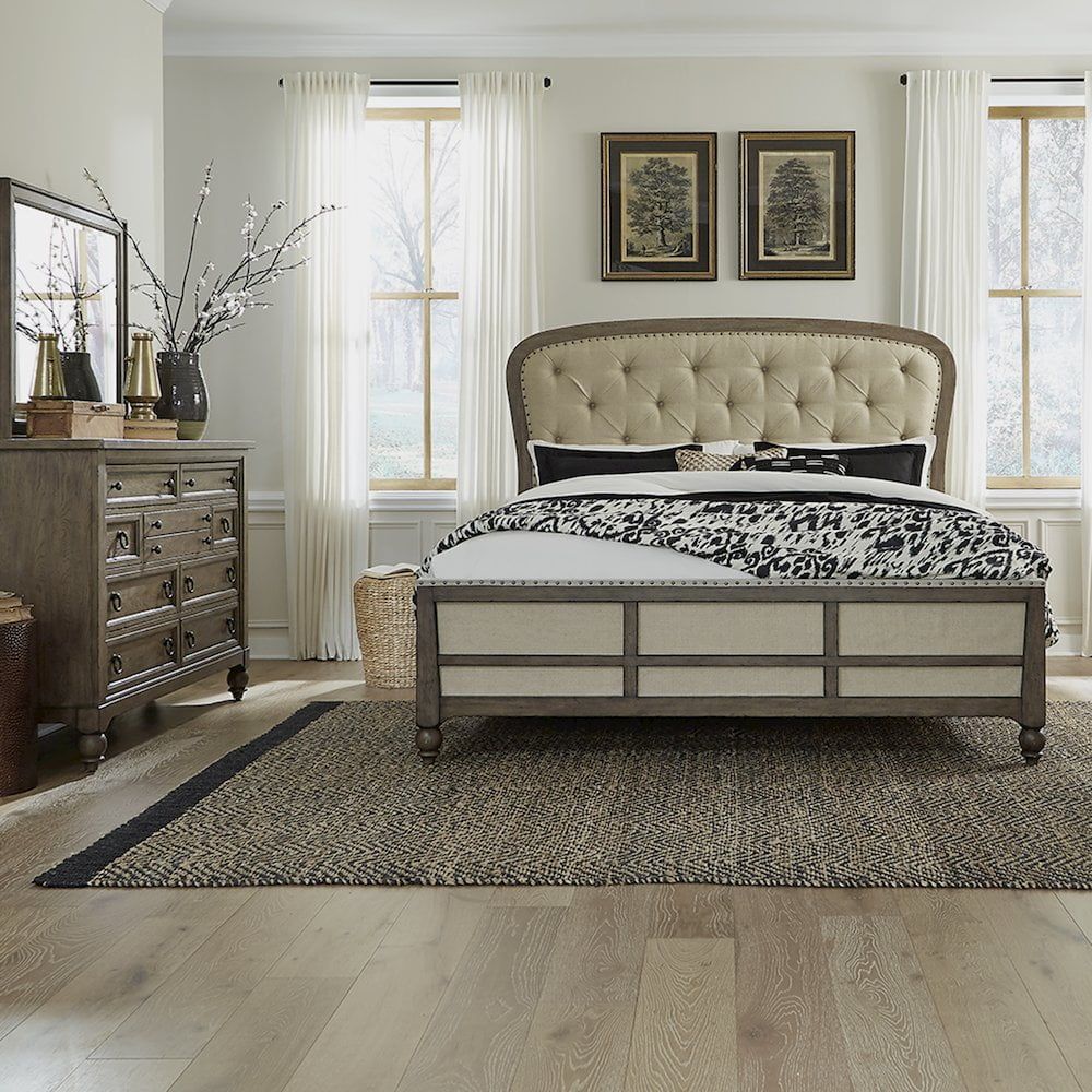 Queen Shelter Bed with Dresser and Mirror in Distressed Taupe Wood