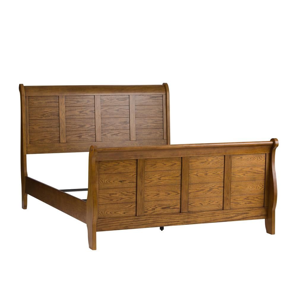 Aged Oak Queen Sleigh Bed with Storage Drawers