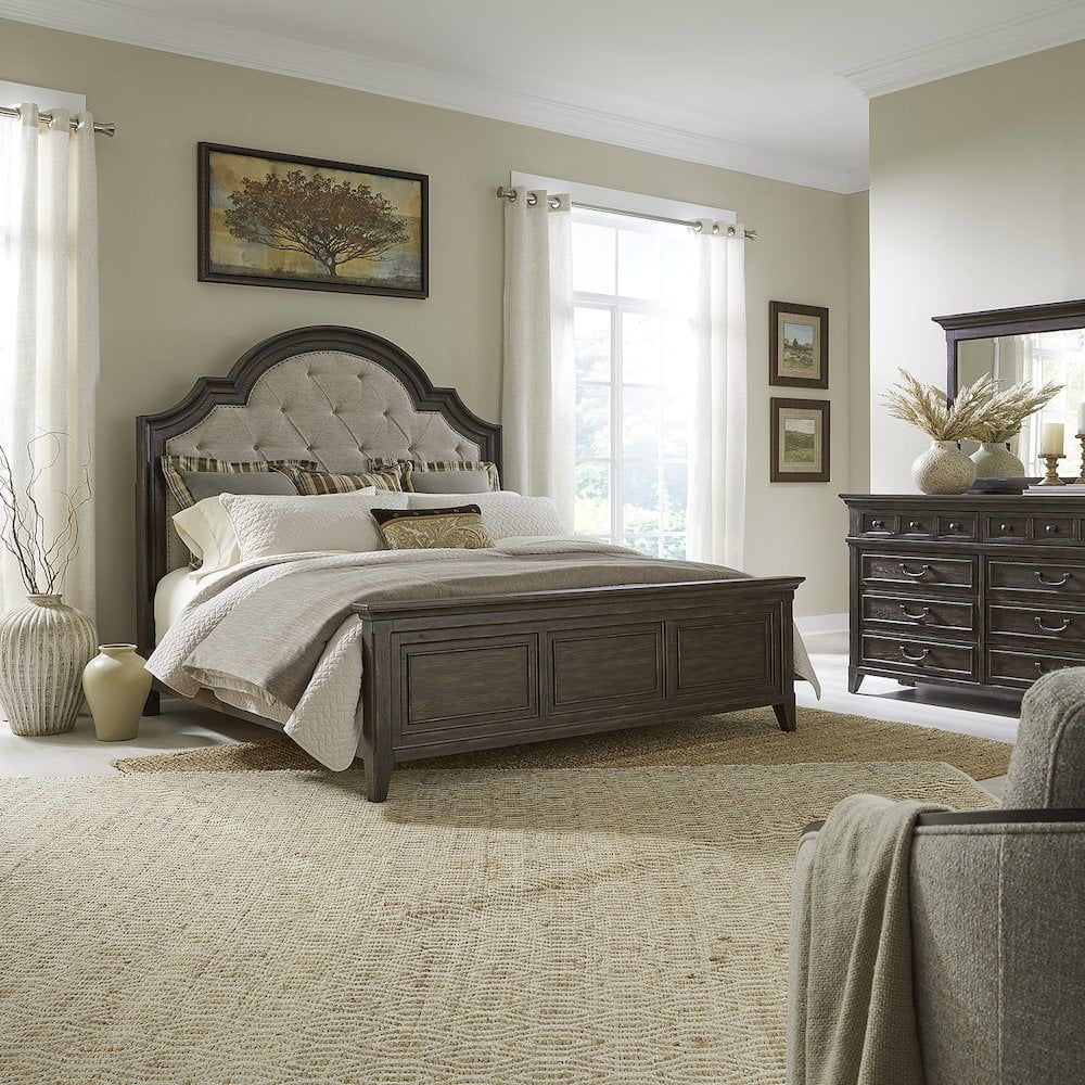 Saddle Brown Queen Upholstered Bed with Dresser and Mirror