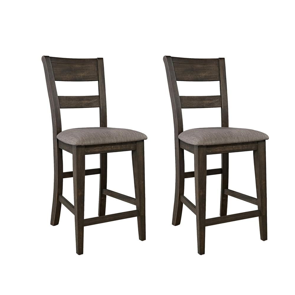 Gray Upholstered Dark Chestnut Wood Counter Chairs, Set of 2