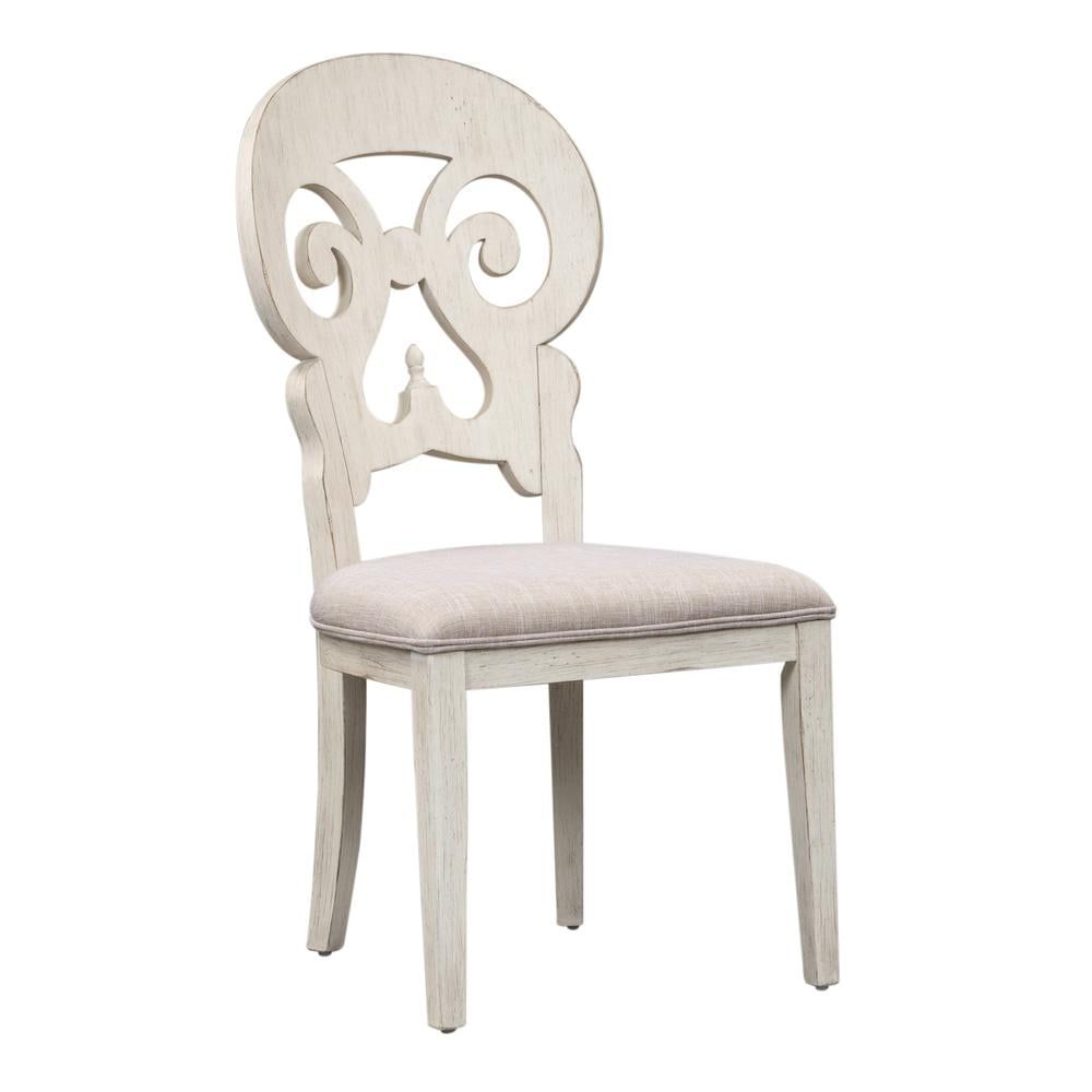 Antique White Linen Upholstered Splat Back Side Chair