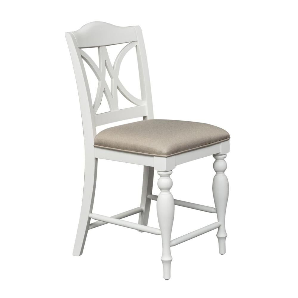 White Upholstered Linen and Wood Slat Back Counter Chair