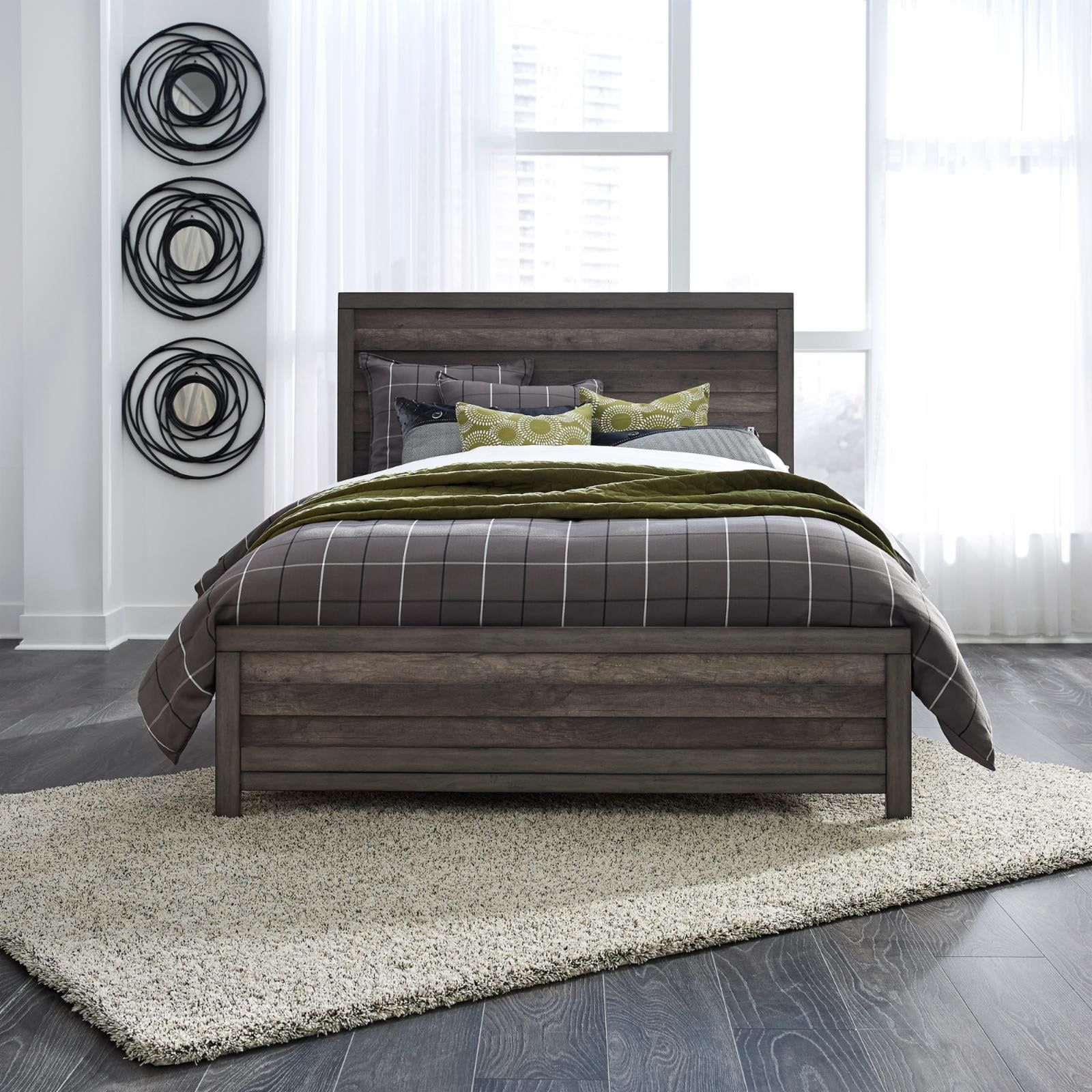 California King Brown Wood Panel Bed with Drawer and Slats