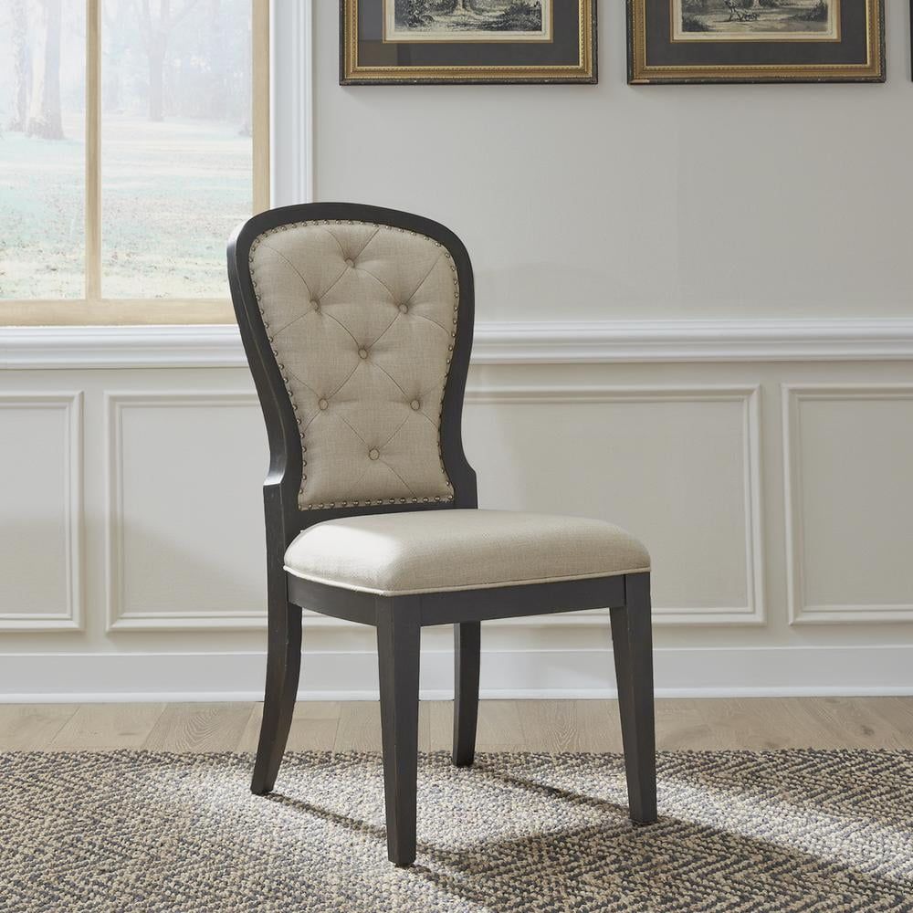 Black Tufted Linen Upholstered Side Chair with Wood Frame