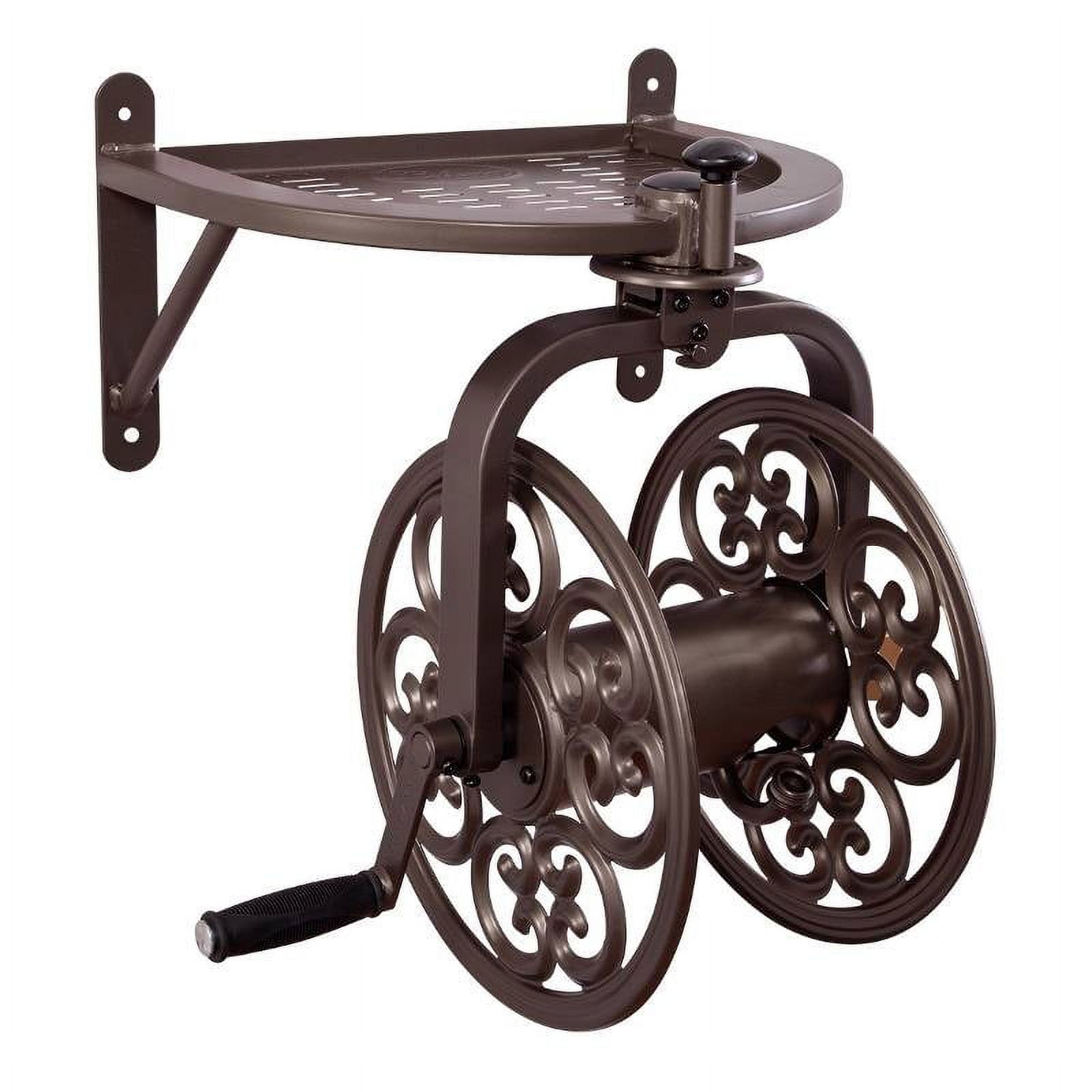 Brown Steel Wall Mount Rotating Hose Reel with Storage Tray