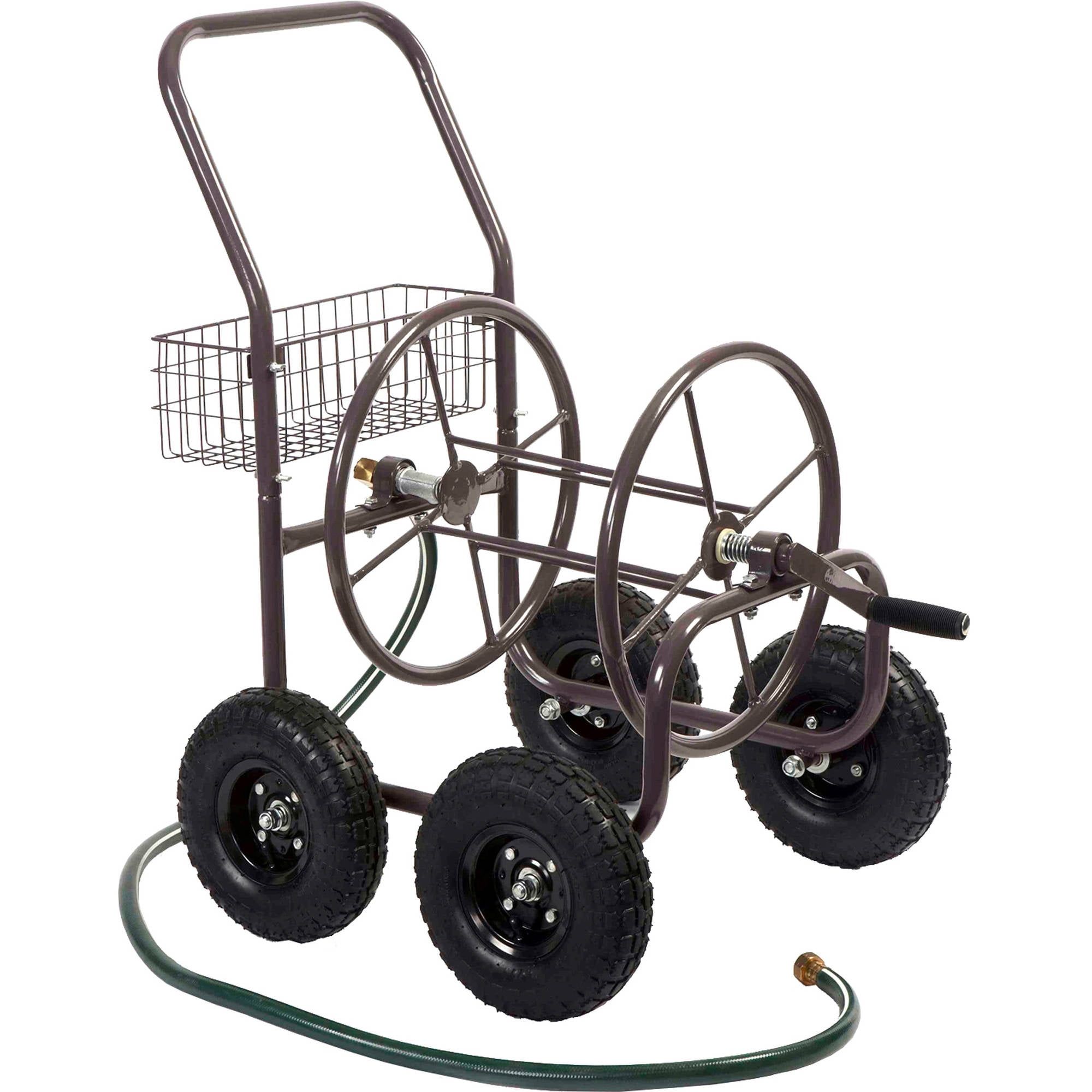 Bronze Four-Wheel Steel Frame Hose Reel Cart with Basket