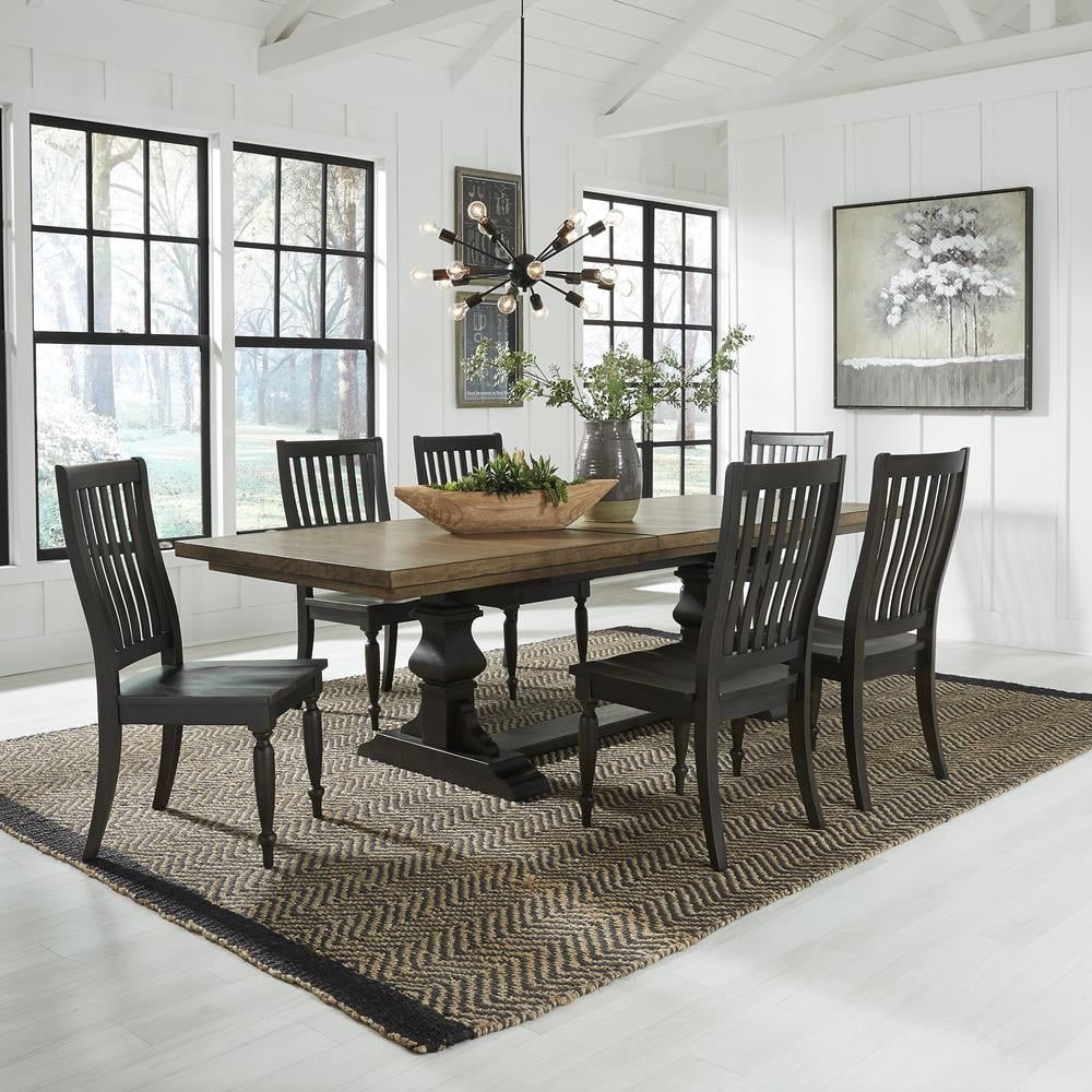 Vintage Chalkboard Finish Trestle Table Set with 6 Slat Back Chairs