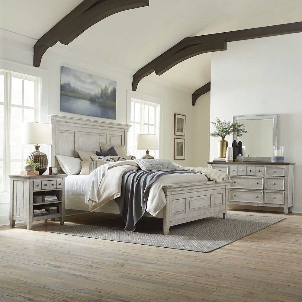 Heartland Queen Panel Bed Set with Dresser, Mirror, Nightstand in Antique White