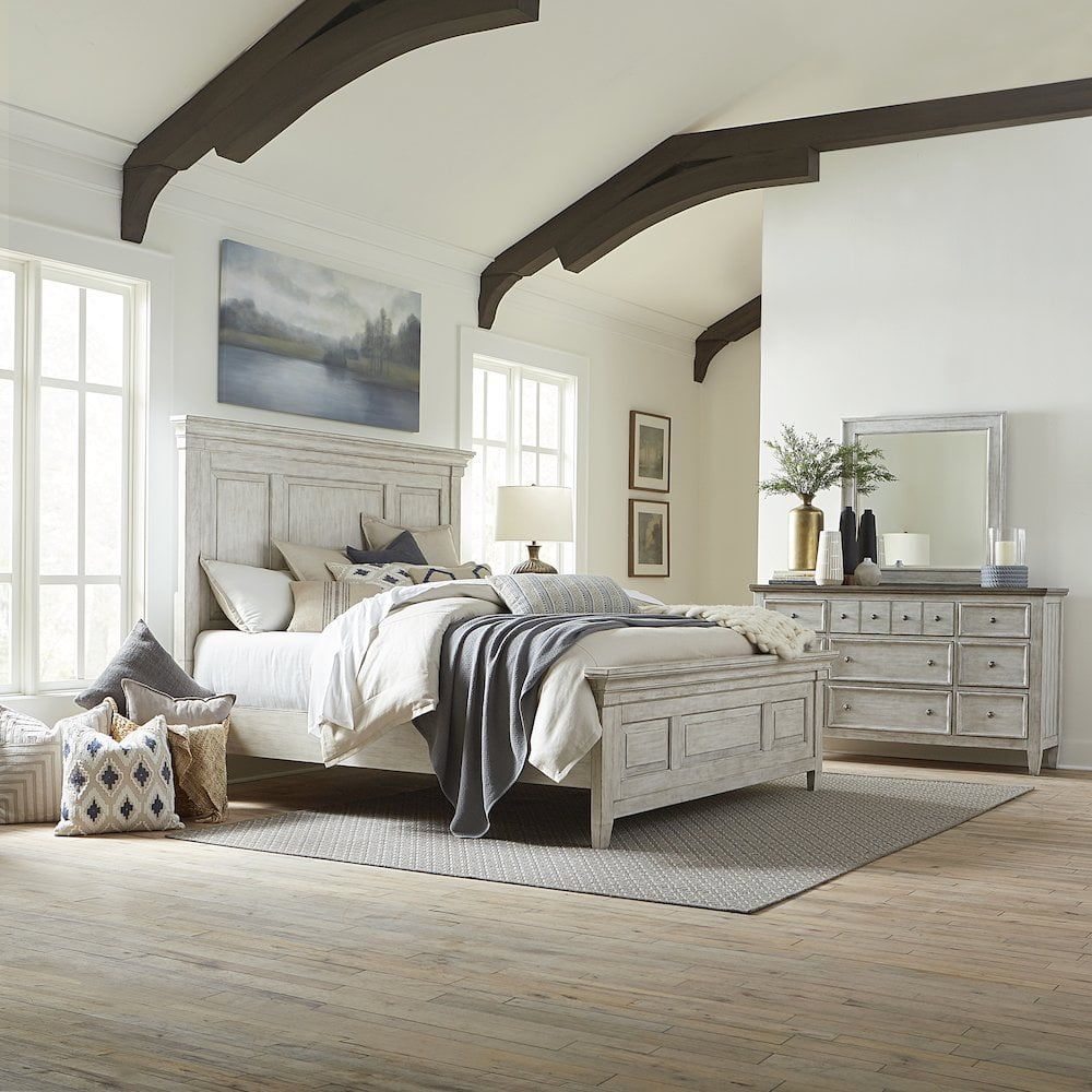 White Queen Panel Bed with Dresser and Mirror Set