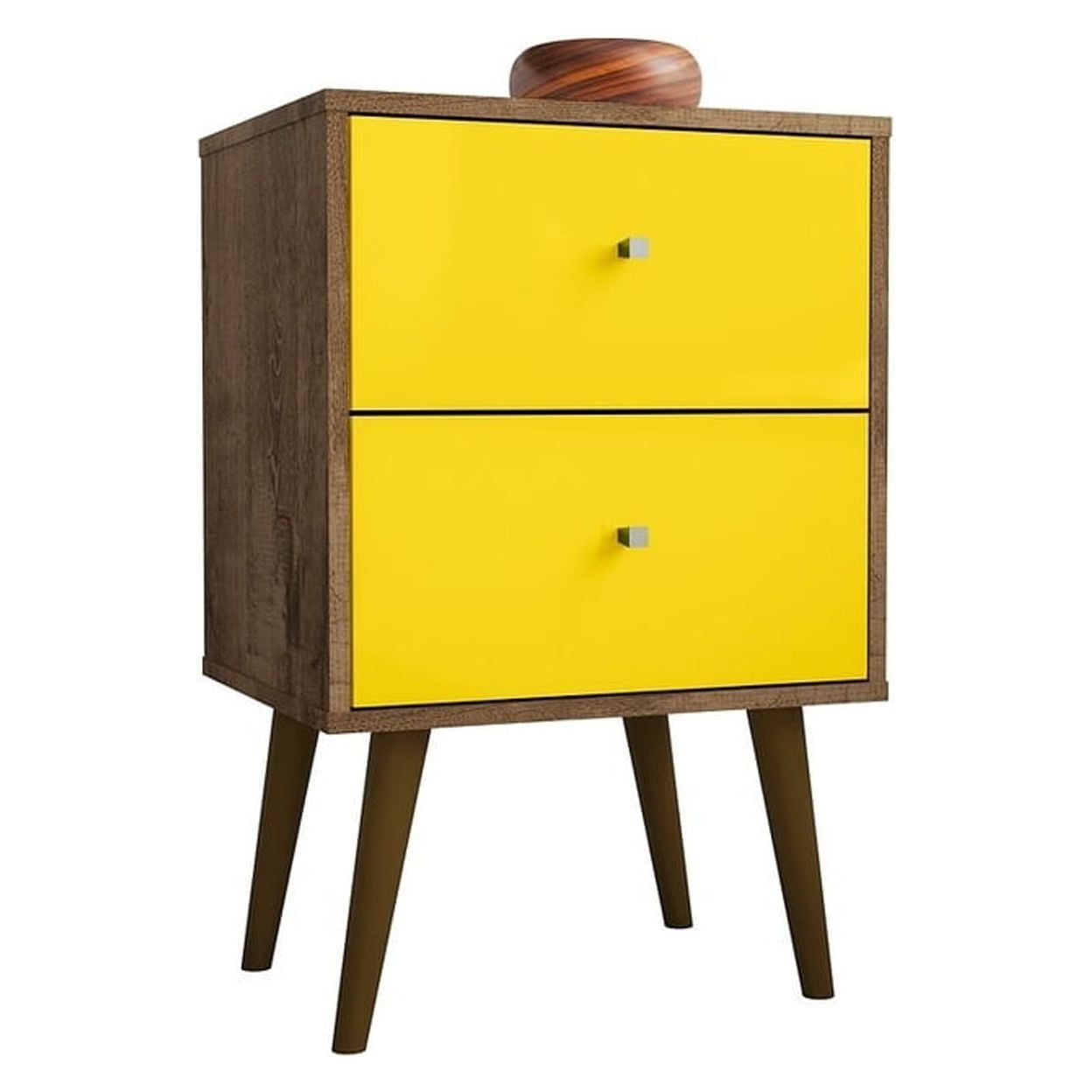 Rustic Brown and Yellow Mid-Century Modern 2-Drawer Nightstand