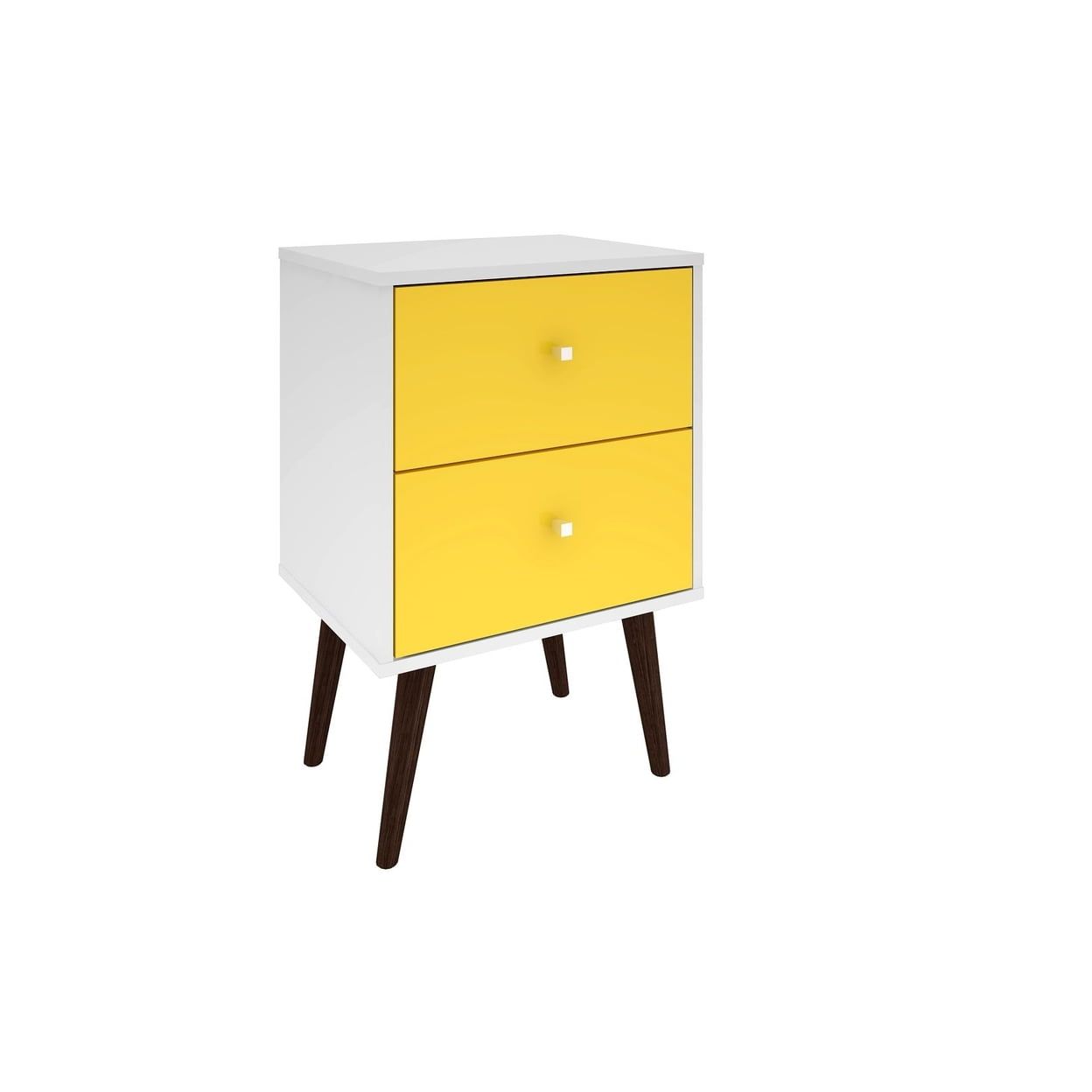 White and Yellow Mid-Century Modern 2-Drawer Nightstand