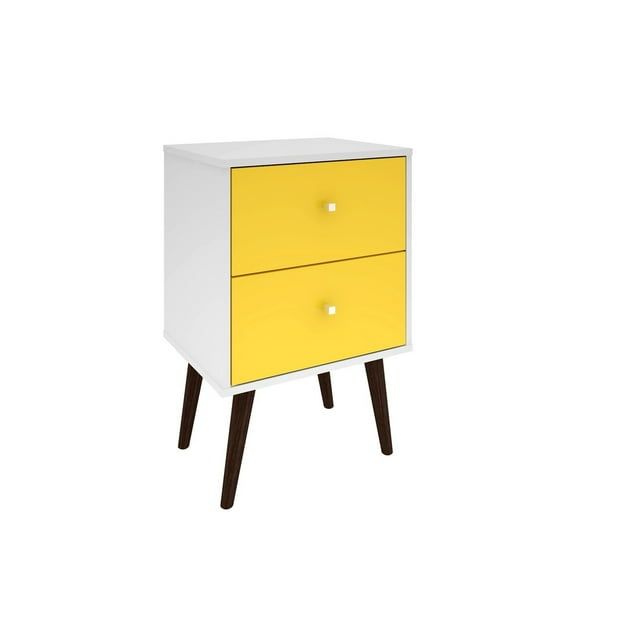 White and Yellow Mid-Century Modern 2-Drawer Nightstand