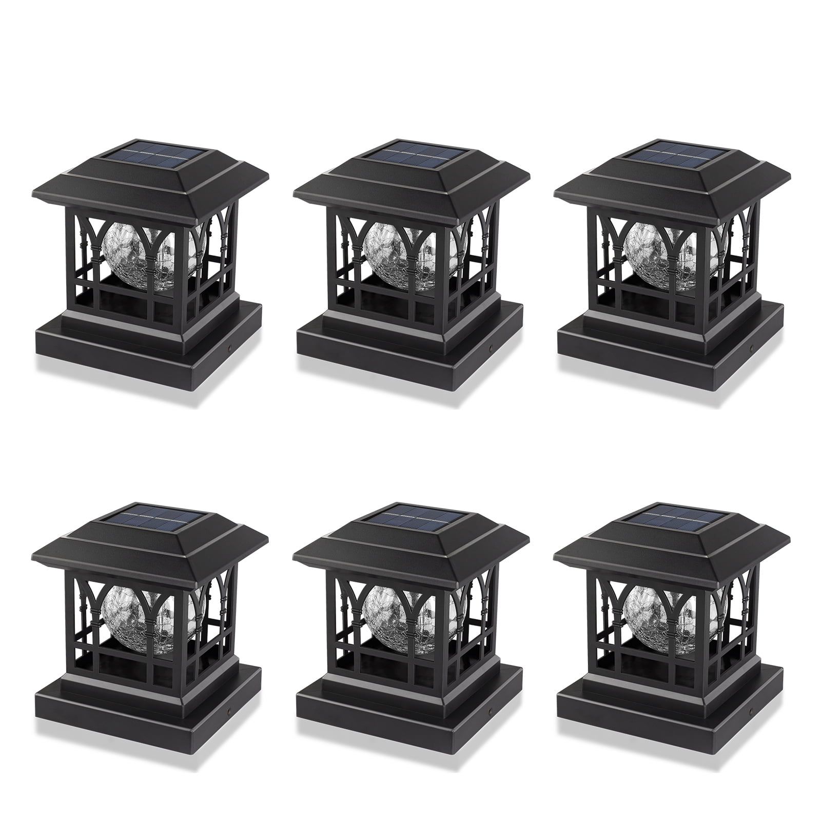 Black Solar LED Post Cap Lights with Crackle Glass, 6 Pack