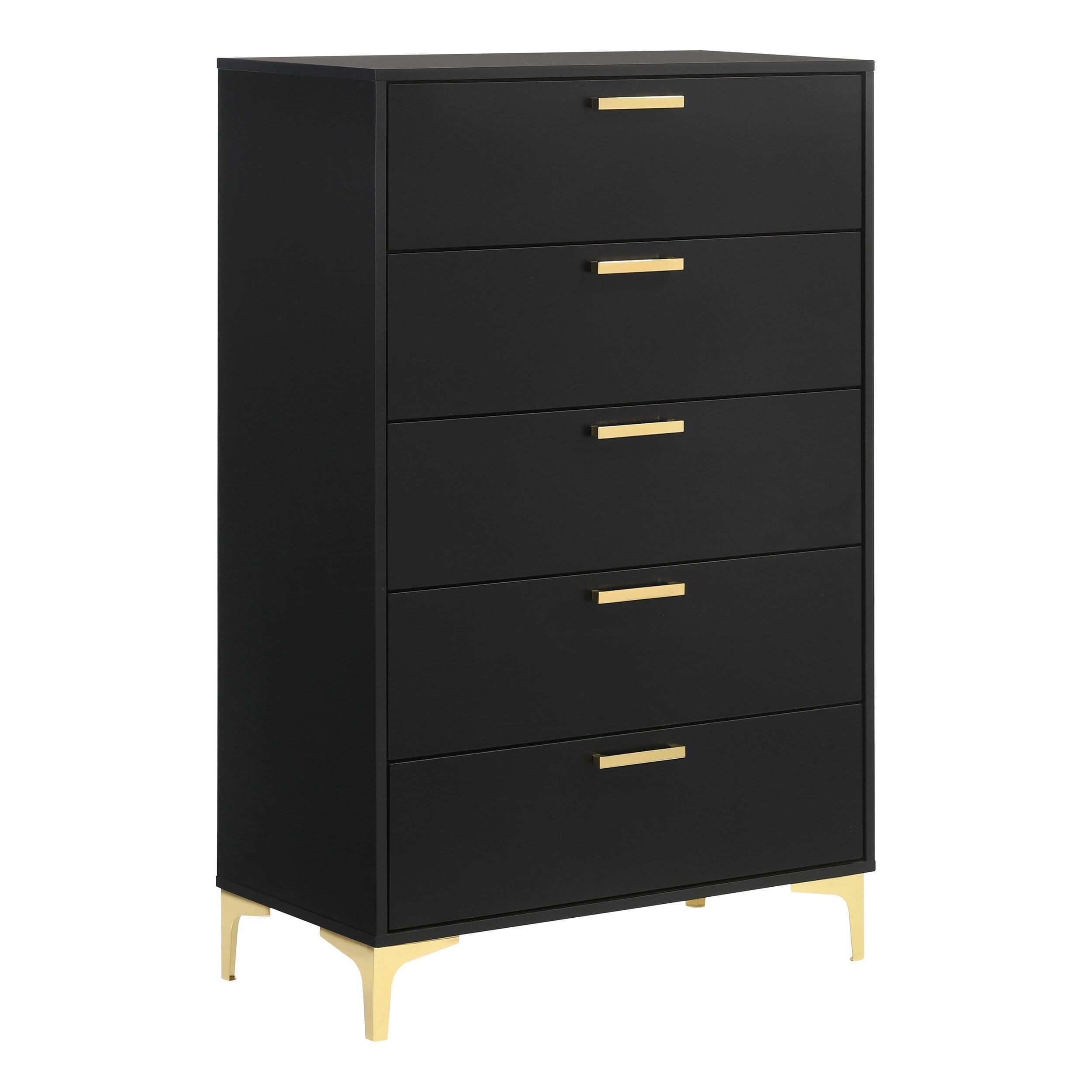 Elegant Glam 5-Drawer Vertical Chest in Black and Gold