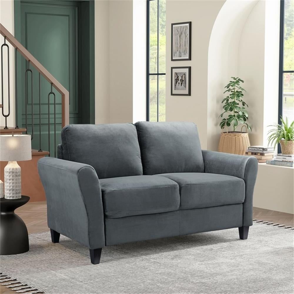 Dark Grey Microfiber Rolled Arm Loveseat with Wooden Frame