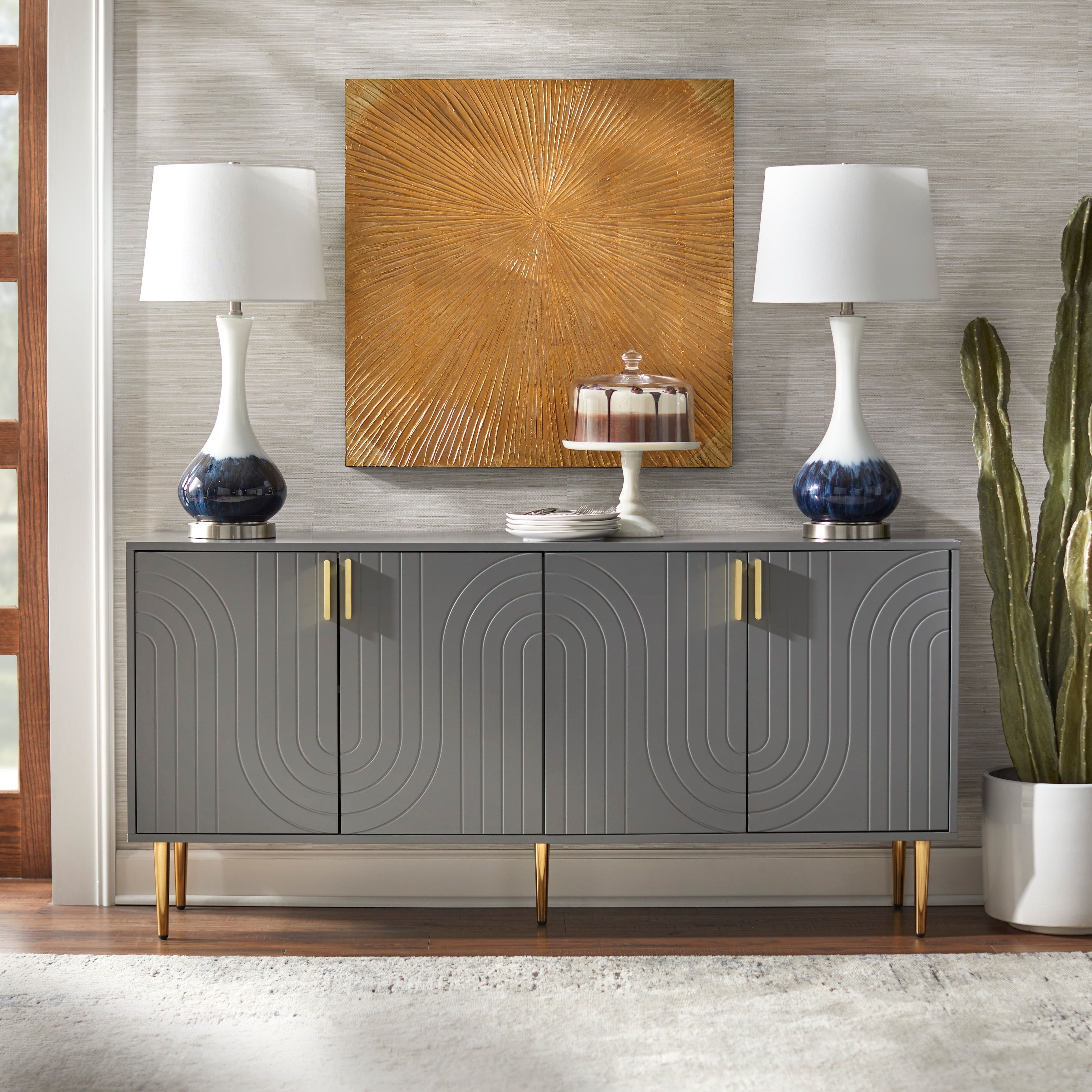 Gray Mid-Century Modern Four Door Sideboard with Gold Accents