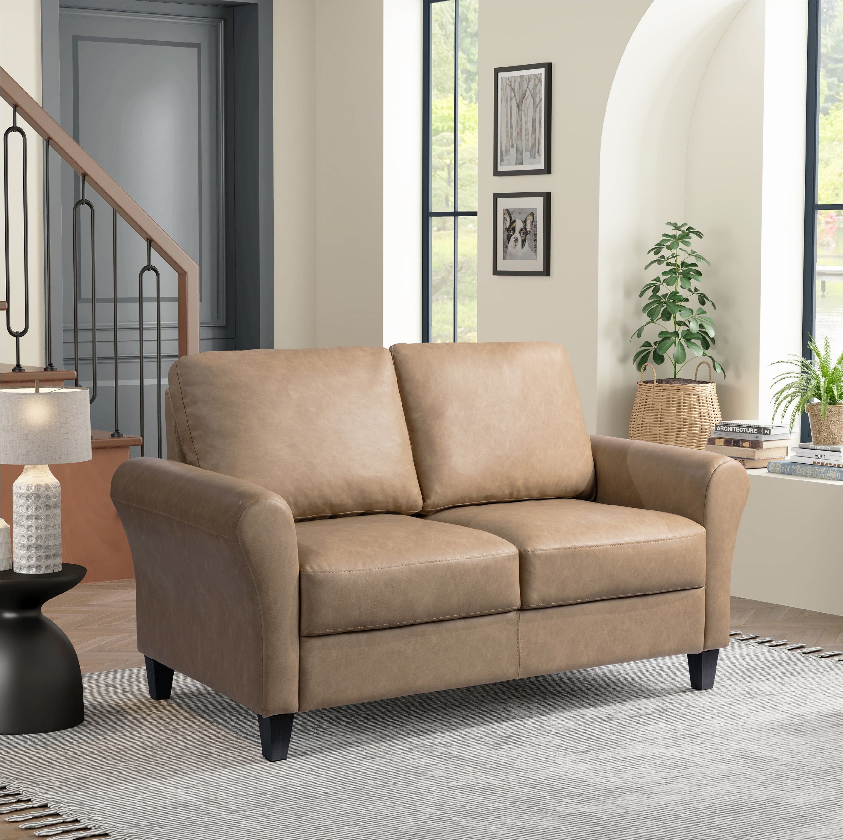 Brown Faux Leather Loveseat with Rolled Arms and Tapered Legs