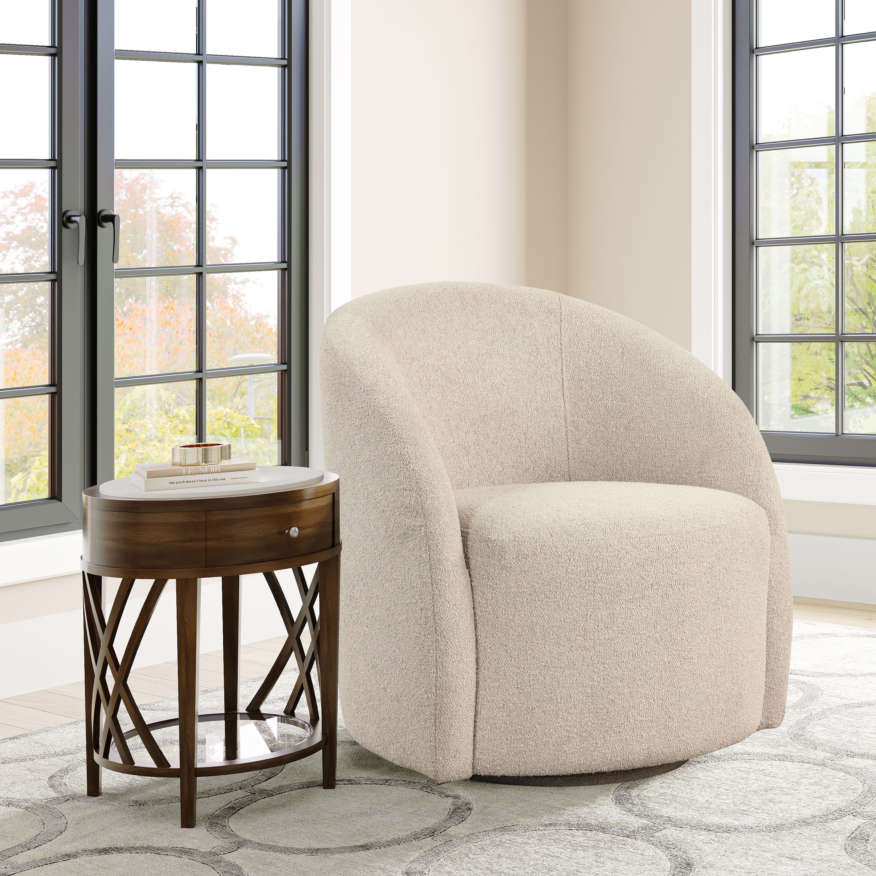 Khaki Velvet Barrel Swivel Accent Chair with Wood Frame