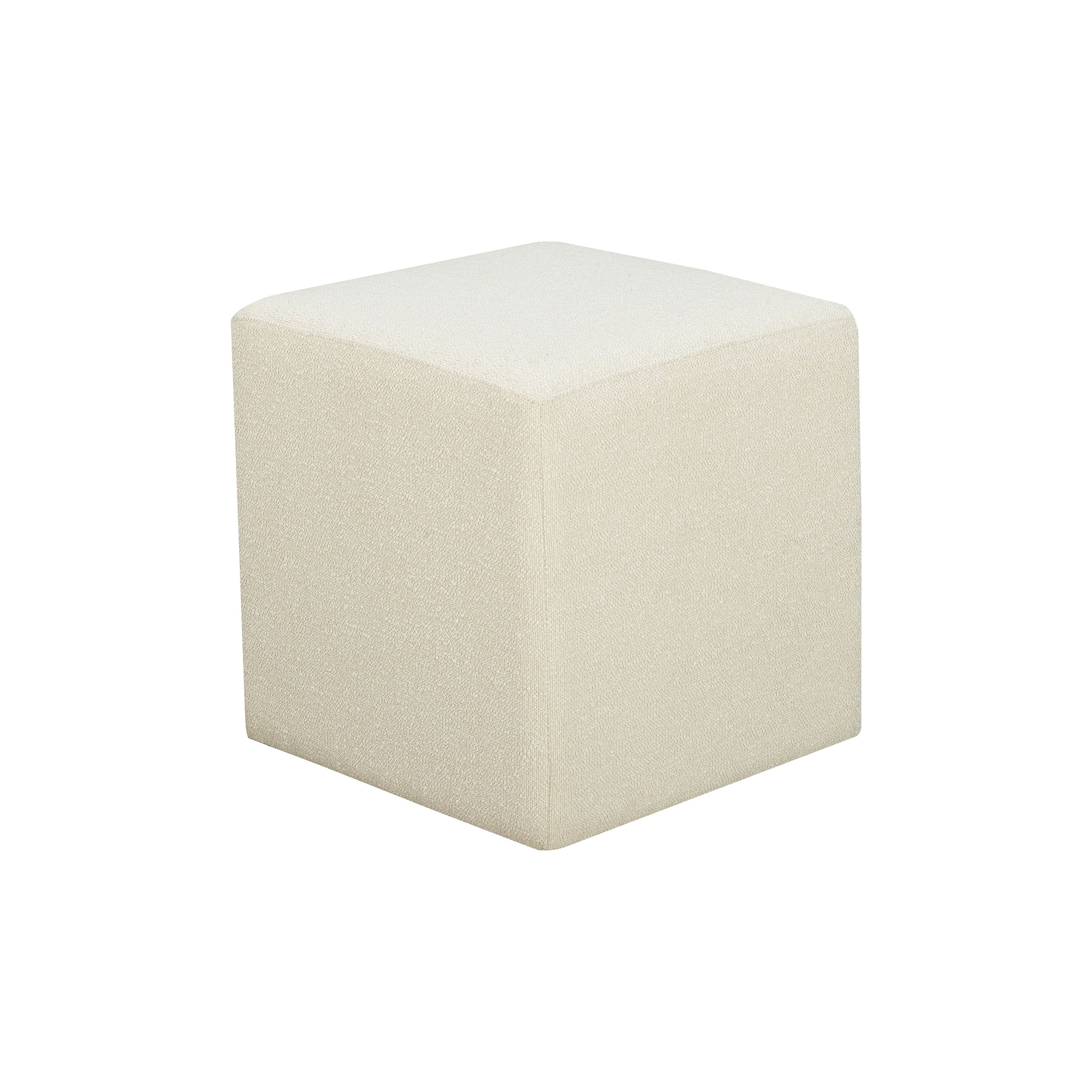 Ivory Boucle Square Ottoman with Rubberwood Frame