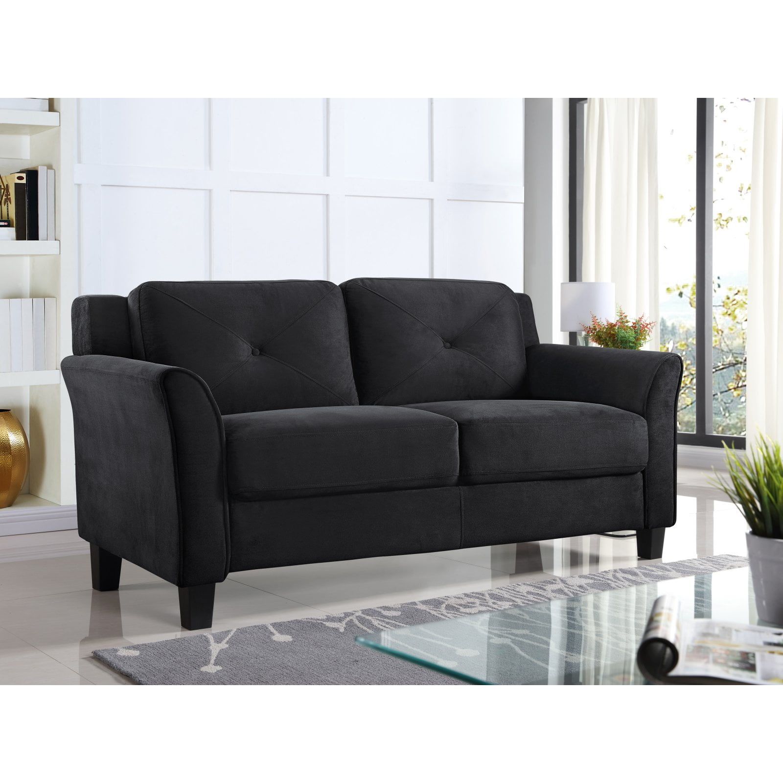 Harvard 58" Black Tufted Microfiber Loveseat with Flared Arms