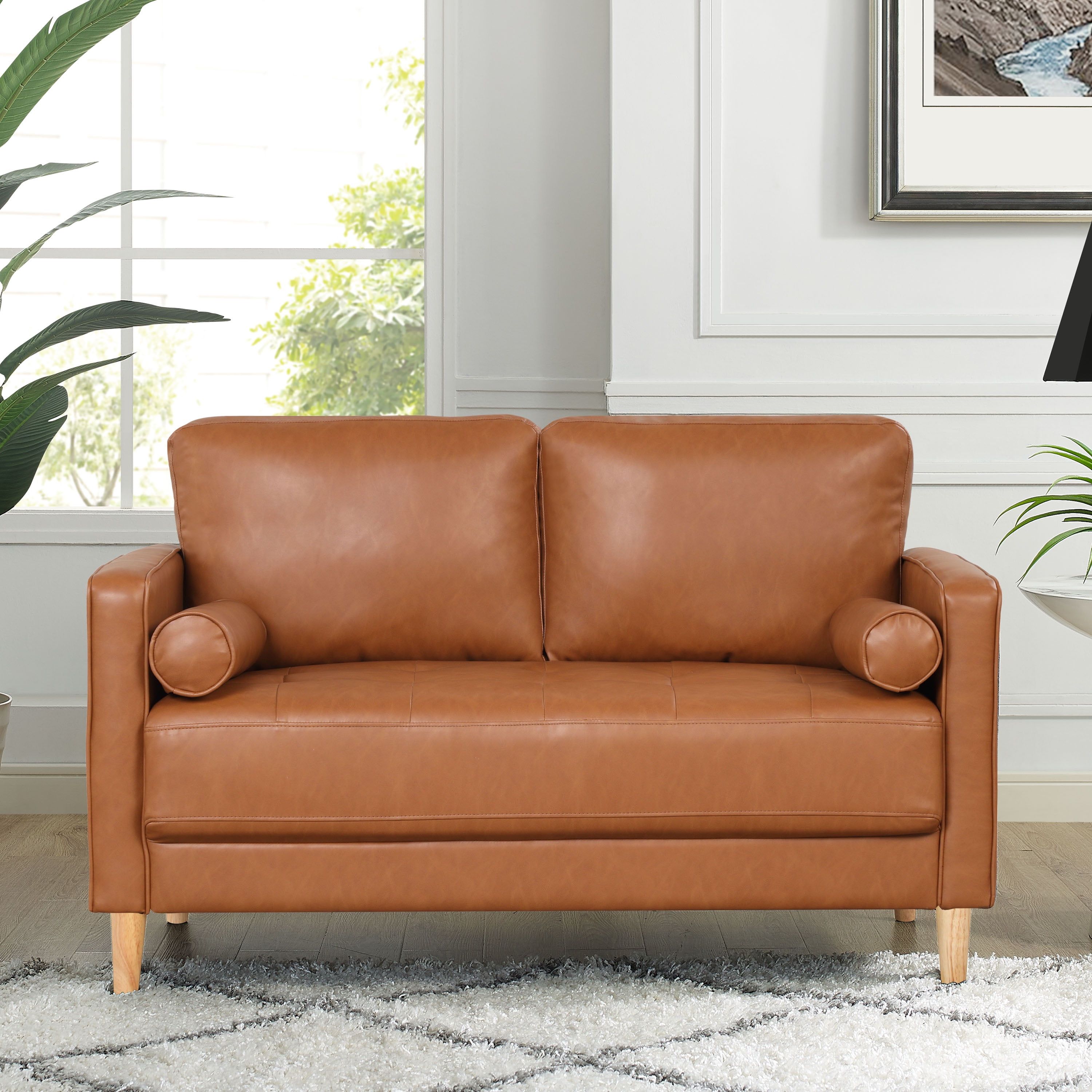 Caramel Faux Leather Tufted Loveseat with Wood Legs