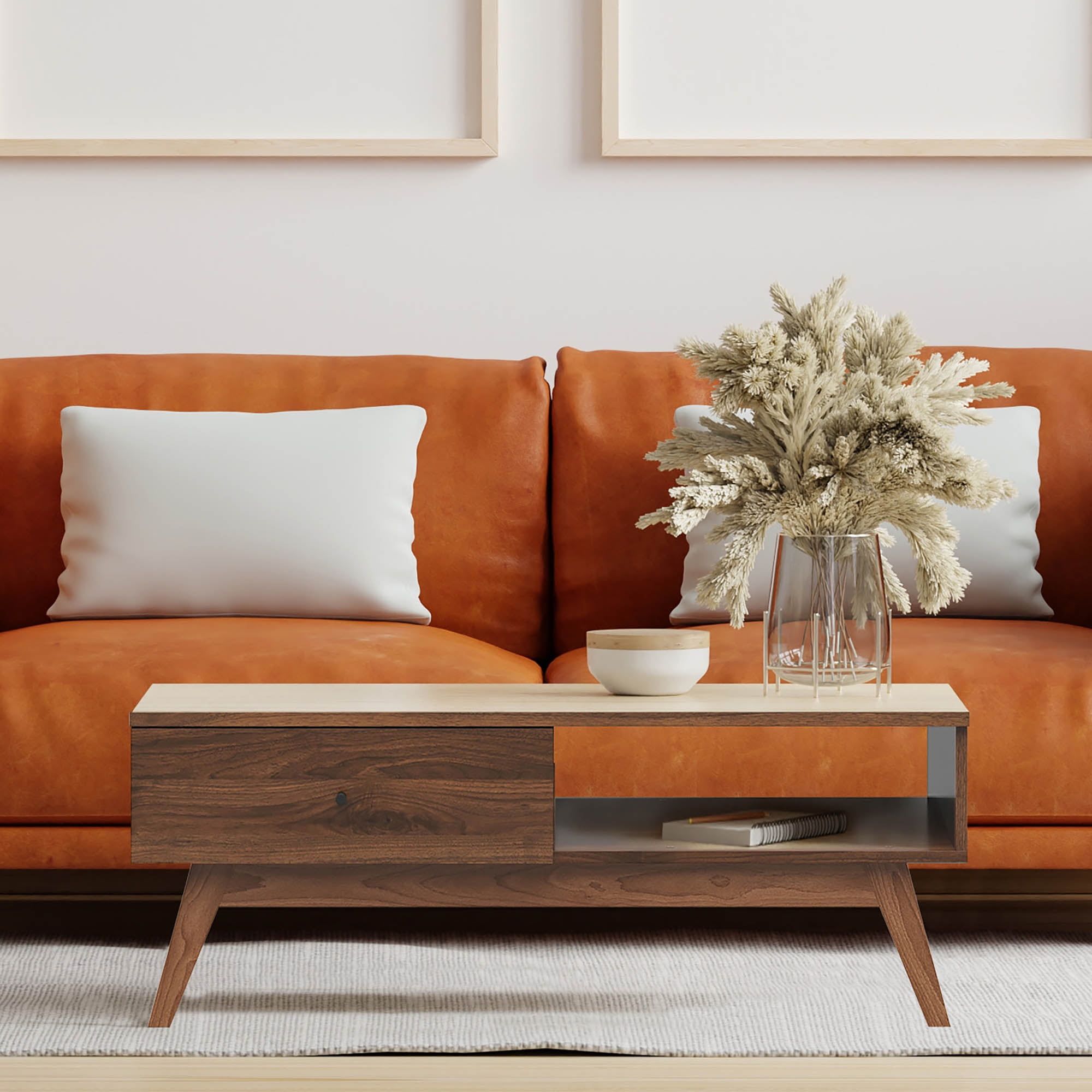 Walnut Brown Mid-Century Modern Rectangular Coffee Table with Storage