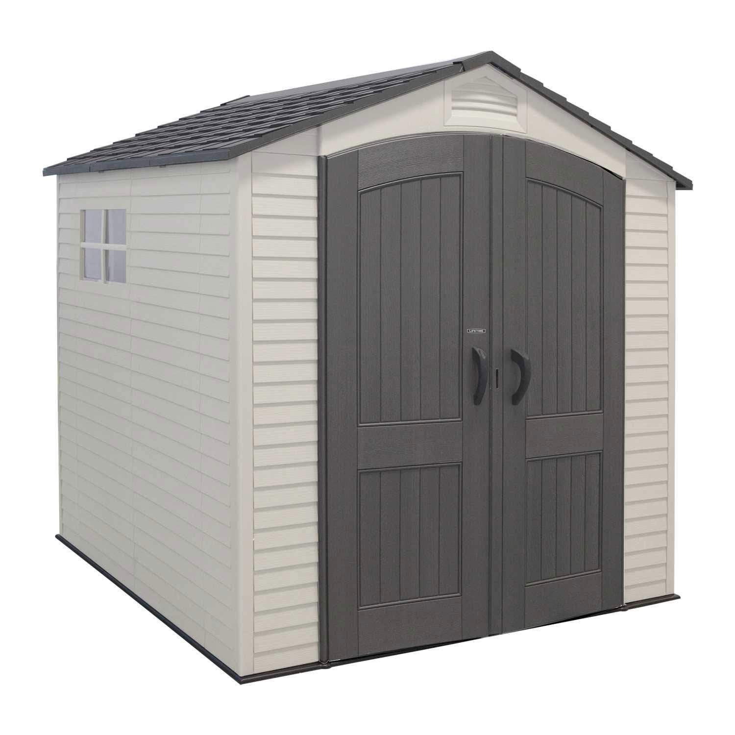 Tan and Brown Polyethylene Outdoor Storage Shed with Shelving and Windows