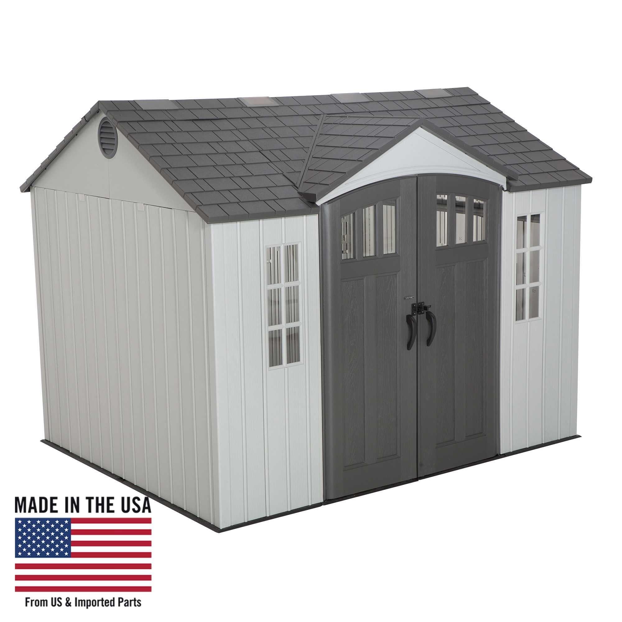 Gray 8' x 10' Polyethylene Storage Shed with Shelving and Windows